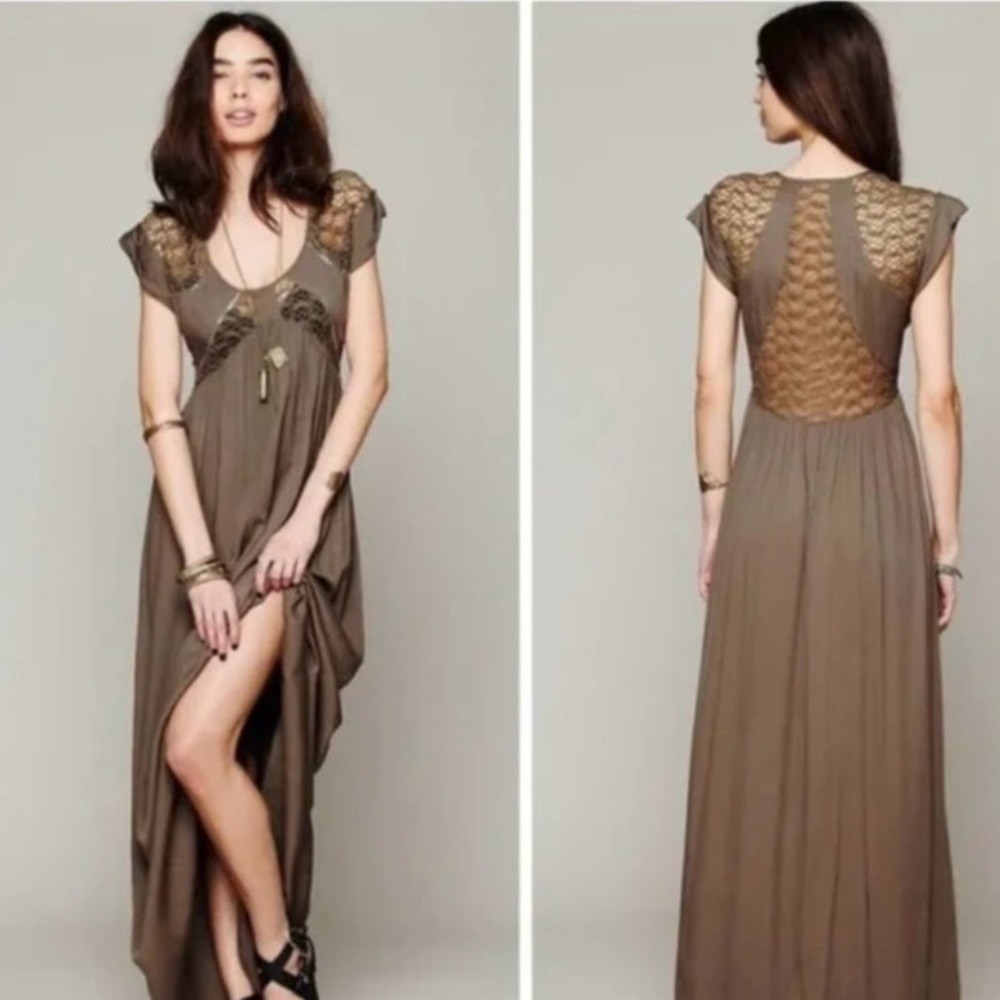Free People maxi olive green dress with crochet and sequin details